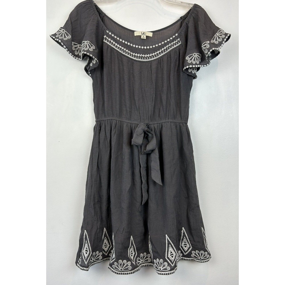Embroidered Dress Womans S Gray Short Sleeve Fairy Tie Waist Coquet Feminine